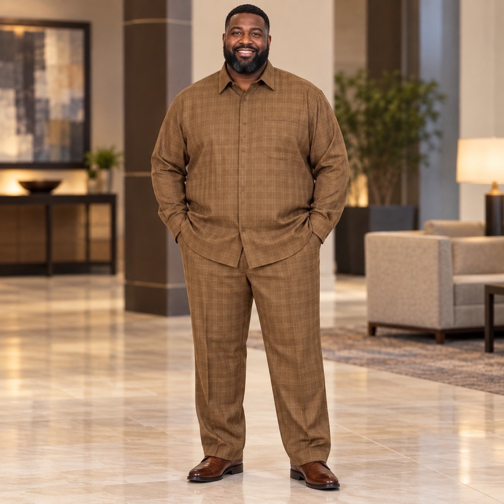 Stacy Adams Brown Plaid Walking Suit 2pc Set Mens 3XL Shirt 40x30 Pants Rayon